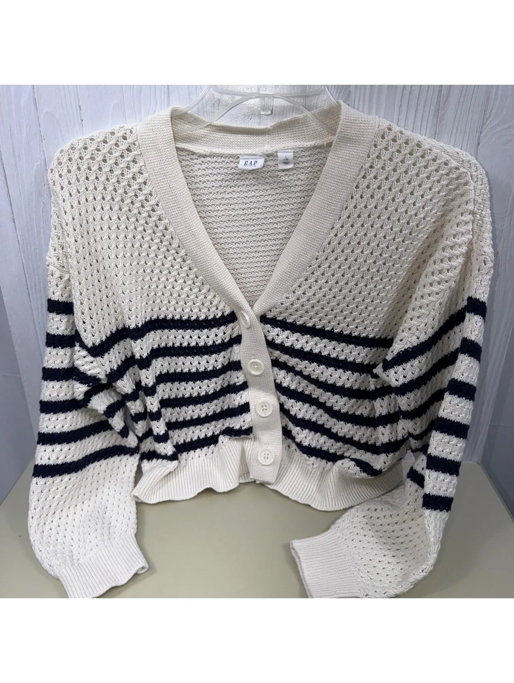 Gap Kids Girls L 10 Cream Navy Striped Open Knit Button Cardigan